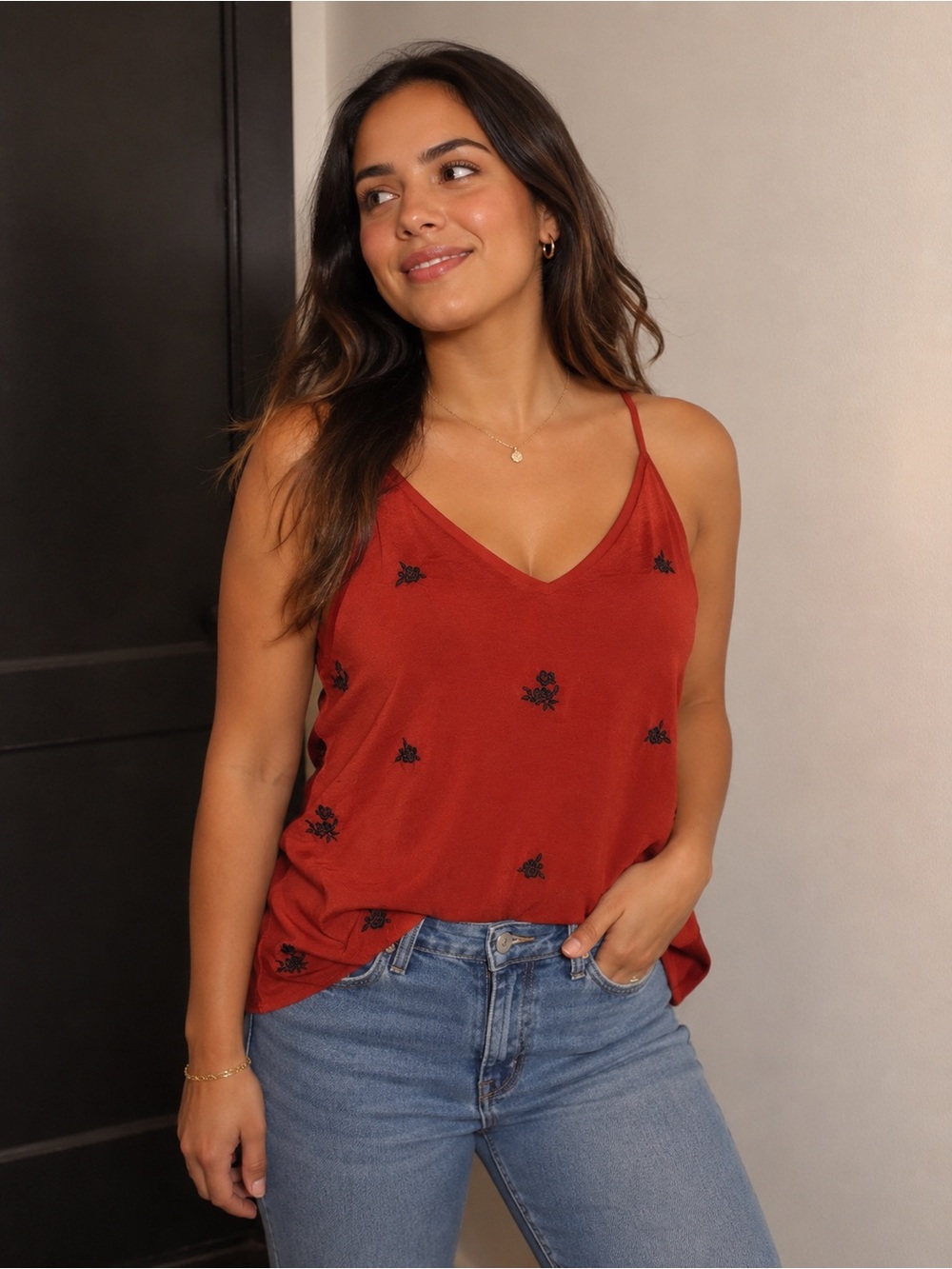 Express Embroidered Floral Cami Tank Top Red Black Size Medium